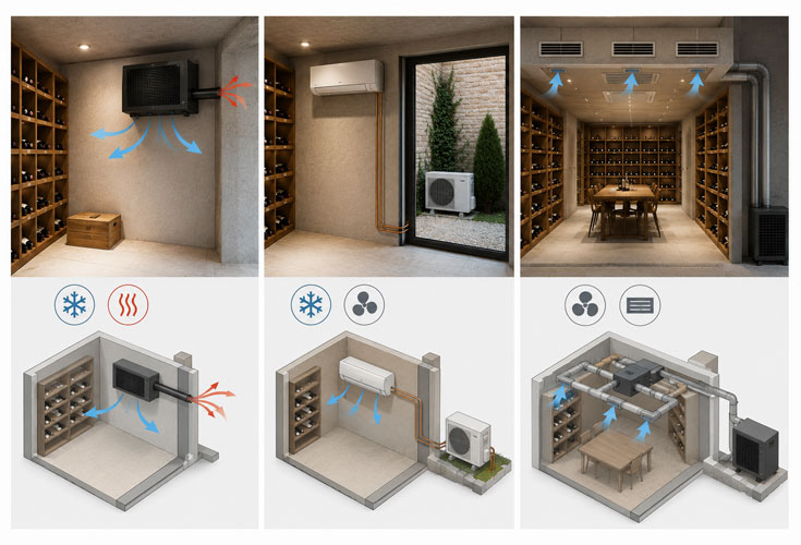 Systèmes de climatisation monobloc, split et gainables pour caves à vin
